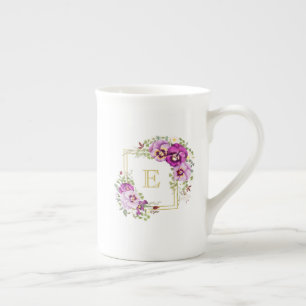 Monogram Elegant Floral Vintage Purple Pansies Bone China Mug
