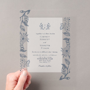 Monogram Elegant French Garden Blue Wedding Acrylic Invitations