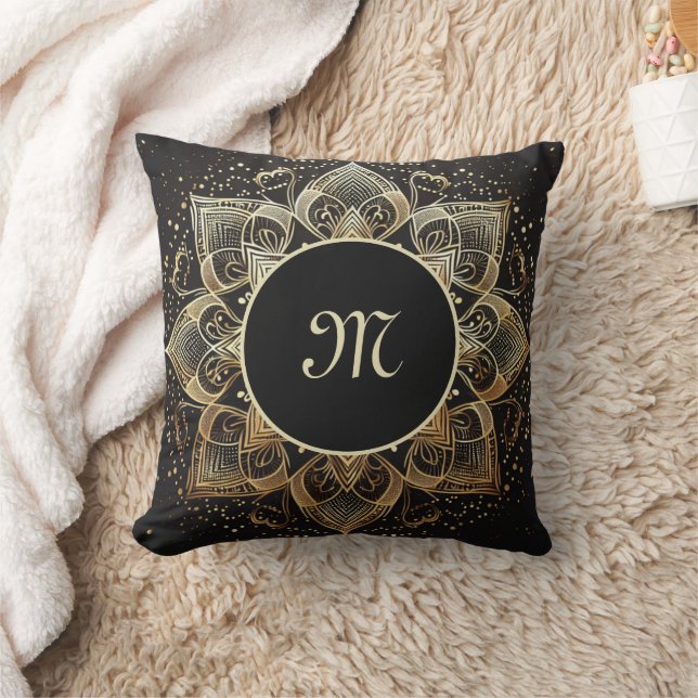 Monogram Elegant Gold Mandala on Black Cushion (Blanket)