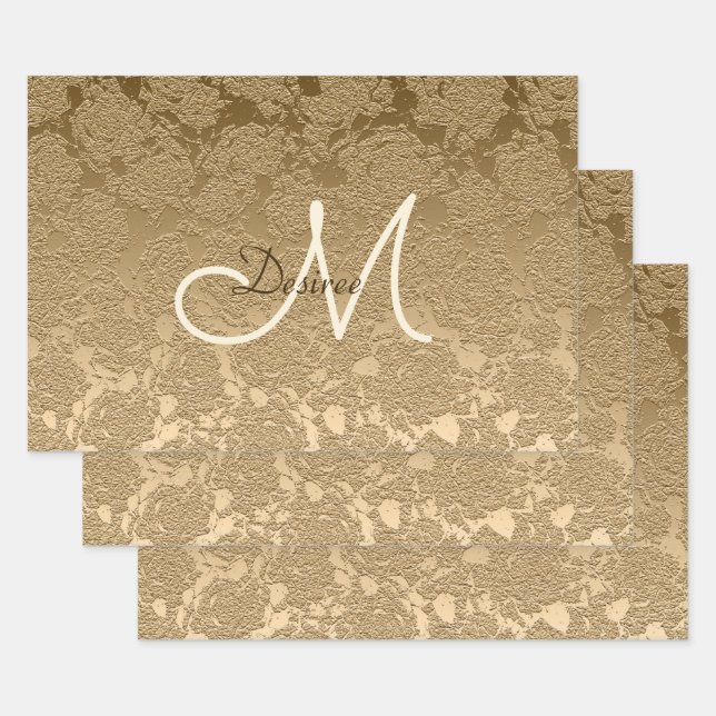 Monogram Elegant Gold Modern Floral Girly Wrapping Paper Sheet (Set)
