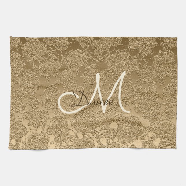 Monogram Elegant Gold Modern Girly Floral Tea Towel (Horizontal)
