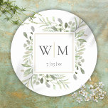 Monogram Elegant Greenery Gold Wedding Classic Round Sticker<br><div class="desc">Featuring delicate watercolor greenery leaves,  these chic botanical stickers can be personalised with your monogram initials and special date. Designed by Thisisnotme©</div>