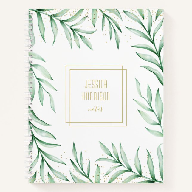 Monogram Elegant Greenery Watercolor Leaves Green Notebook (Front)