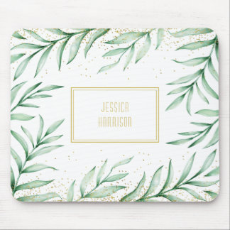 Monogram Elegant Greenery Watercolor Leaves Mouse Pad