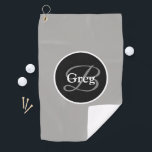 Monogram Elegant Grey Black Golf Towel<br><div class="desc">The monogram elegant grey black golf towel has a solid grey background with a large black circle design outlined in white. The last name monogram letter is centred in circle along with the full first name in white. This golf towel is great gift for golfers and perfect for Birthdays, Father's...</div>