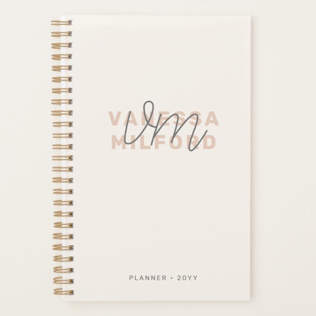 Monogram Elegant Ivory Cream Modern Minimalist Planner (Front)