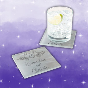 Monogram Elegant lilac Mother-of-Pearl Wedding Glass Coaster