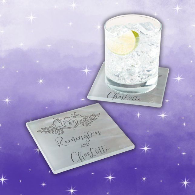 Monogram Elegant lilac Mother-of-Pearl  Wedding Glass Coaster (Creator Uploaded)