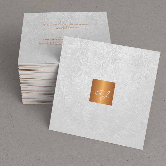 Monogram elegant luxury white leather gold copper square business card (Creator Uploaded)
