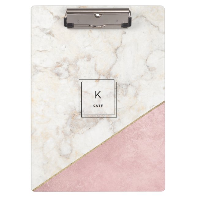 Monogram Elegant Marble Minimalist Rose Gold Clipboard (Front)