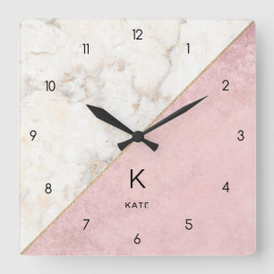 Monogram Elegant Marble Minimalist Rose Gold Square Wall Clock