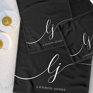 Monogram Elegant Minimal Black White Chic Bath Towel Set
