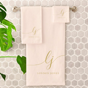 Monogram Elegant Minimal Blush Pink Gold Chic Bath Towel Set