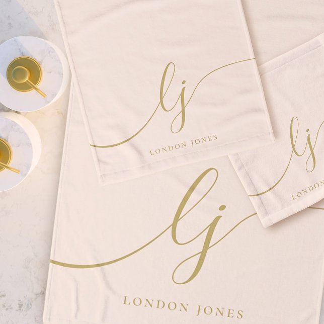 Monogram Elegant Minimal Blush Pink Gold Chic Bath Towel Set (Creator Uploaded)