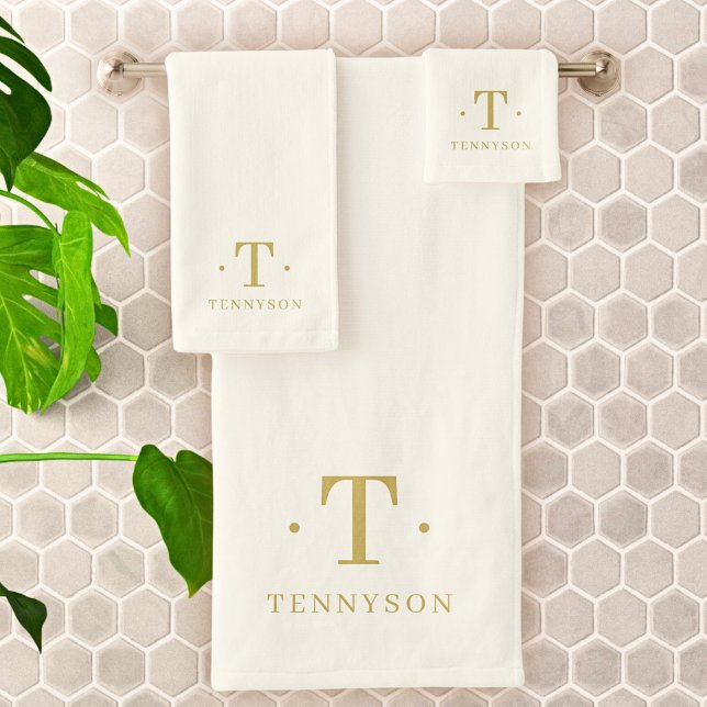 Monogram Elegant Minimal Ivory White Gold Chic Bath Towel Set (Creator Uploaded)