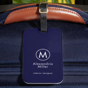 Monogram Elegant Minimal Navy Blue Luggage Tag