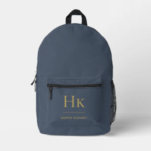 Monogram Elegant Minimal Navy Gold Monogrammed Printed Backpack