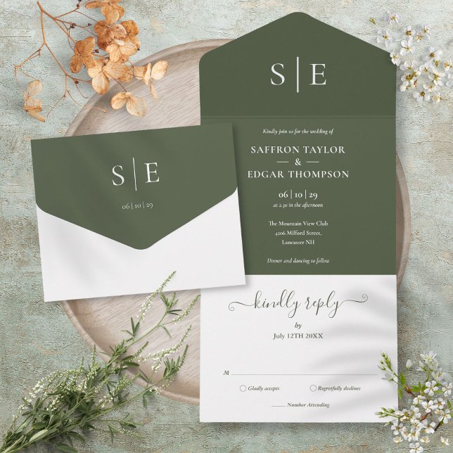Monogram Elegant Minimalist Olive Green Wedding All In One Invitation (Monogram Elegant Minimalist Olive Green Wedding All In One Invitation)