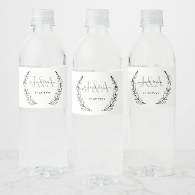 monogram elegant modern bar wedding favor water bottle label (Bottles)