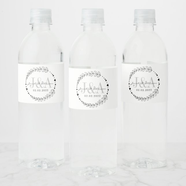 monogram elegant modern bar wedding favor water bottle label (Bottles)