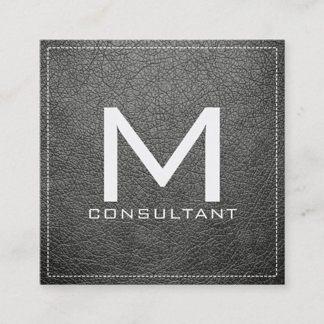 Monogram Elegant Modern Battleship Grey Leather Square Business Card (Front)