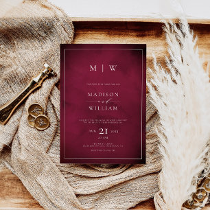 Monogram Elegant Modern Burgundy Wedding Invitation