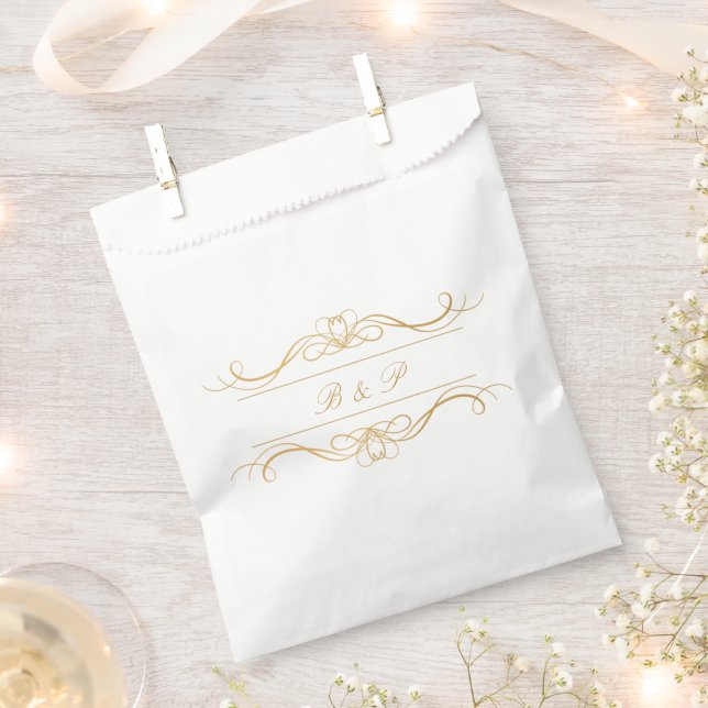 Monogram Elegant Modern Gold Swirl Script Wedding Favour Bags (Clipped)