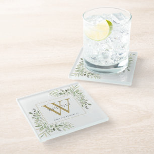 Monogram Elegant Modern Greenery Gold Glass Coaster