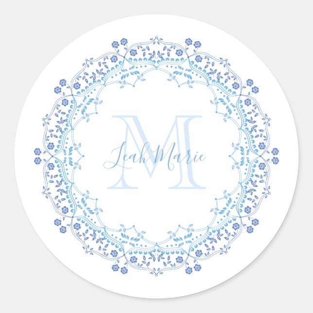 Monogram Elegant Modern Script Mandala Classic Round Sticker (Front)