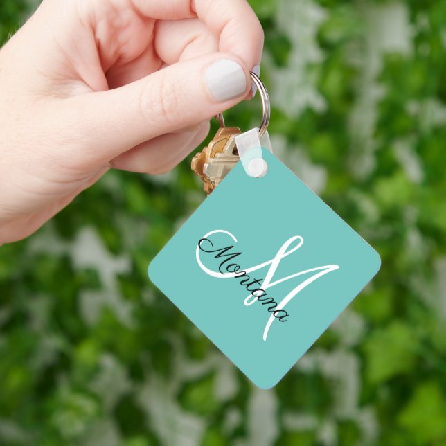 Monogram Elegant Modern Simple Girly Teal Key Ring (Hand)