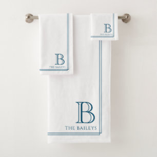 Monogram Elegant Navy Blue Border Stationery Bath Towel Set
