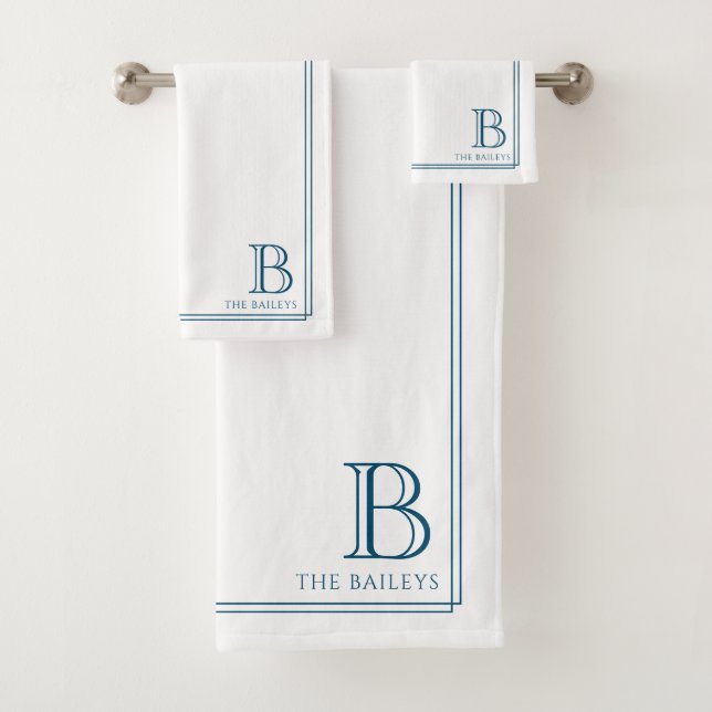 Monogram Elegant Navy Blue Border Stationery Bath Towel Set (Insitu)