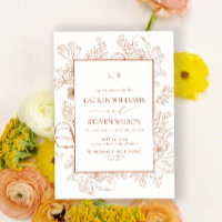 Monogram Elegant Orange Floral Line Art Wedding