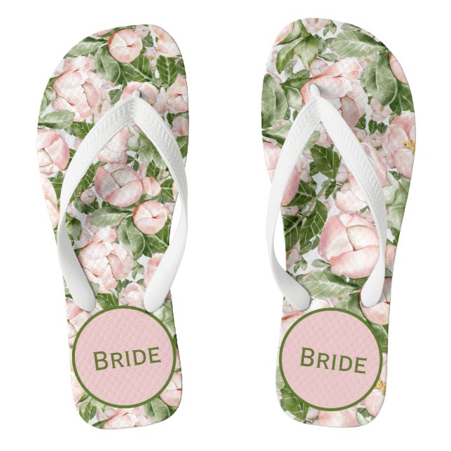 Monogram Elegant Pink Green Floral Bride Jandals (Footbed)