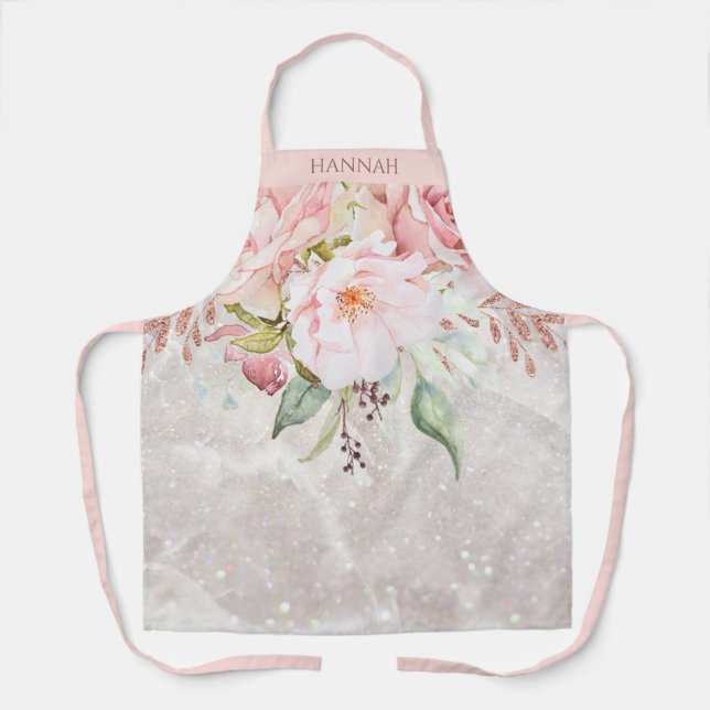 Monogram Elegant Pink Rose and Peony Floral Apron (Front)