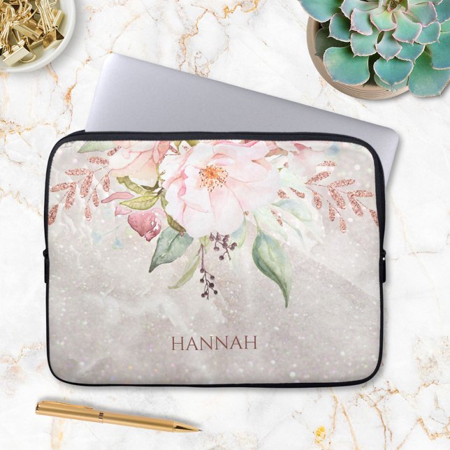 Monogram Elegant Pink Rose and Peony Floral Laptop Sleeve (In situ)
