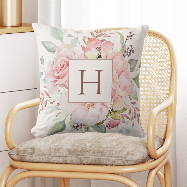 Monogram Elegant Pink Rose Peony Floral Bouquet  Cushion (In situ)