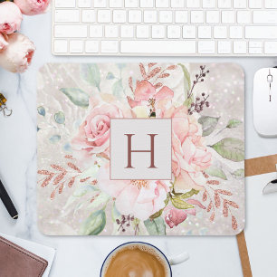 Monogram Elegant Pink Rose Peony Floral Marble Mouse Pad