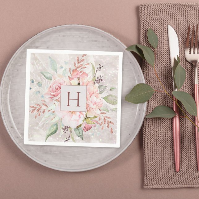 Monogram Elegant Pink Rose Peony Floral Marble Napkin (In situ)