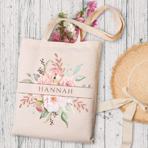Monogram Elegant Pink Rose Peony Floral Tote Bag