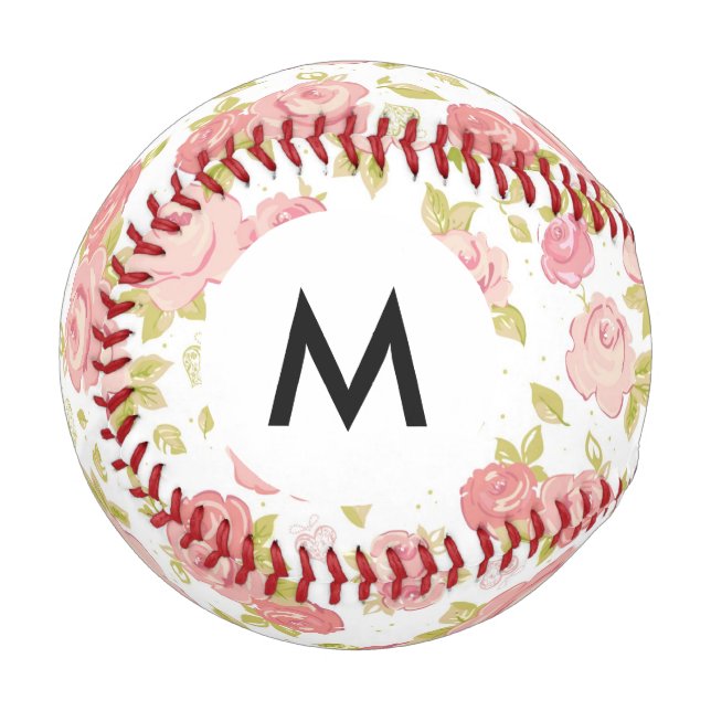 Monogram Elegant pink roses 3 Baseball (Front Left)