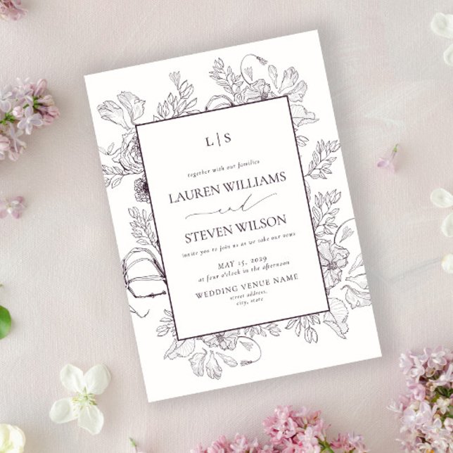 Monogram Elegant Plum Purple Floral Line Wedding Invitation (Creator Uploaded)