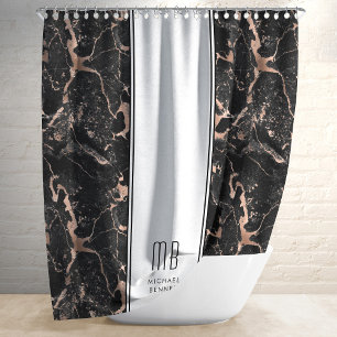 Monogram Elegant Rose Gold Black Marble  Shower Curtain
