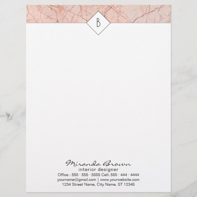 Monogram Elegant Rose Gold Marble Letterhead (Front)