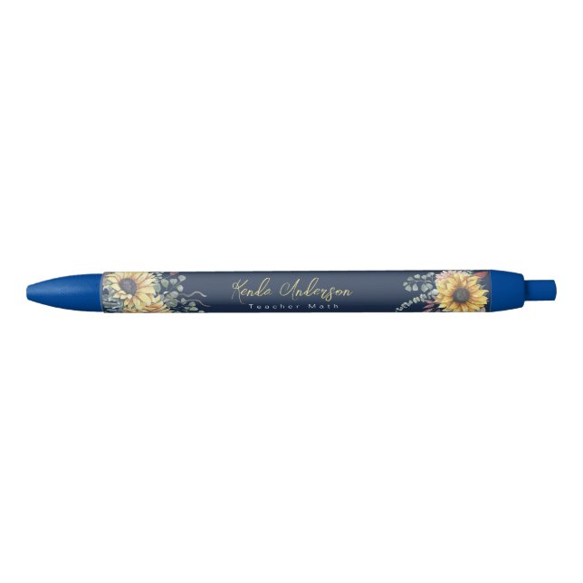 Monogram Elegant Rustic Sunflowers Math Teacher Black Ink Pen (Front)