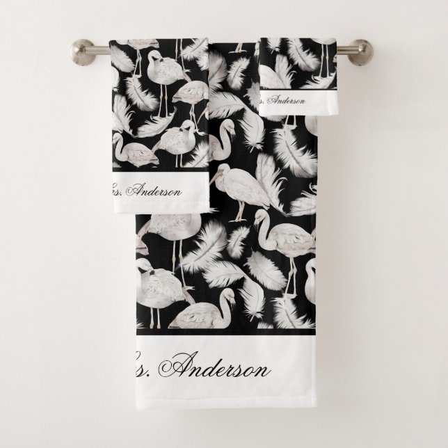 Monogram Elegant Script Black White Swan Feathers  Bath Towel Set (Insitu)