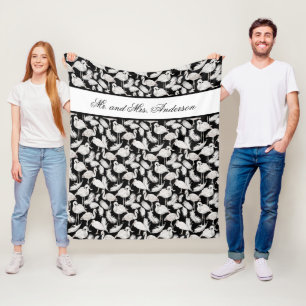 Monogram Elegant Script Black White Swan Feathers Fleece Blanket