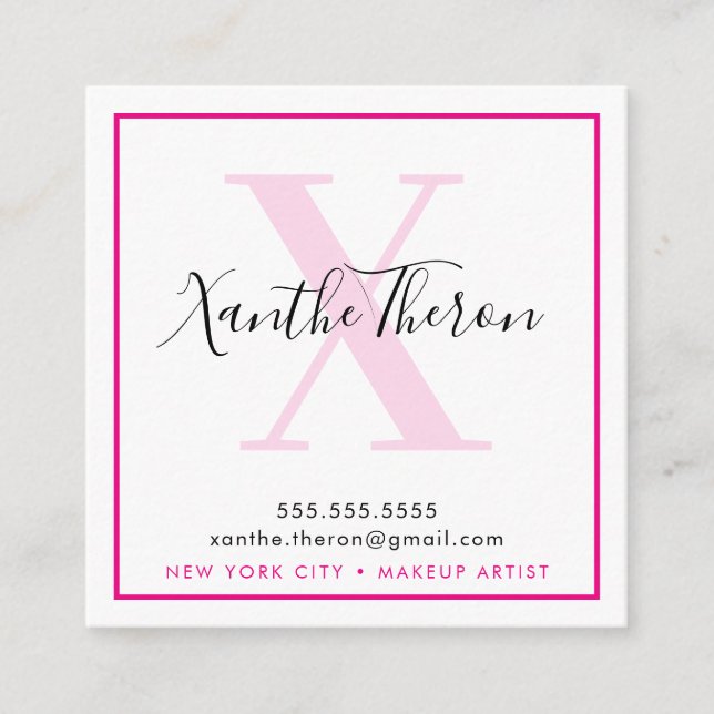 MONOGRAM elegant script modern minima hot pink Square Business Card (Front)