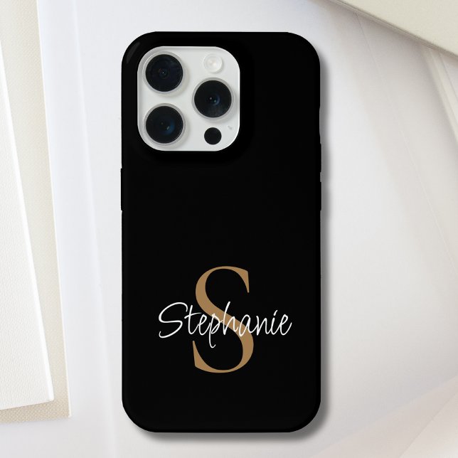 Monogram Elegant Script Name Black Gold  iPhone Case (Creator Uploaded)
