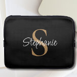 Monogram Elegant Script Name Black Gold Laptop Sleeve<br><div class="desc">This personalized laptop sleeve features elegant script typography and a gold monogram. It is easily customizable.</div>